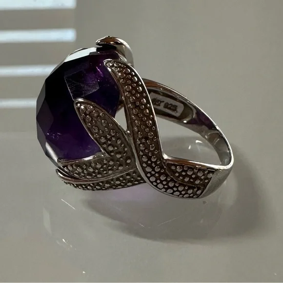 925 Sterling Silver Royal Purple Amethyst Cocktail Ring Size 9 Checkerboard Cut - Picture 3 of 9